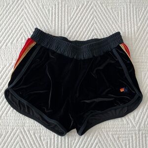 Aviator Nation Black Velvet Athletic Shorts with Red & Gold Stripe